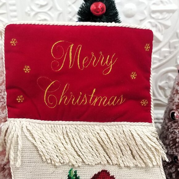 Vintage Needlepoint Santa Sleeping Christmas Stocking Toys Fringe - Red Velvet - Picture 3 of 4